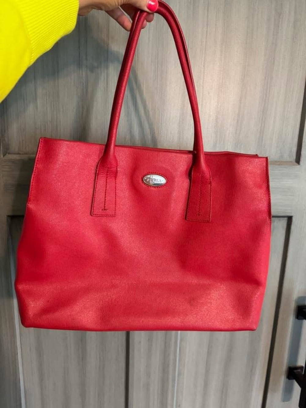 Furla Red Leather Tote with Logo Plaque